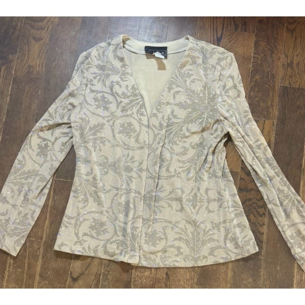 Alex Evenings Women 12 Champagne Gold Glitter Damask Open Front Cardigan Jacket